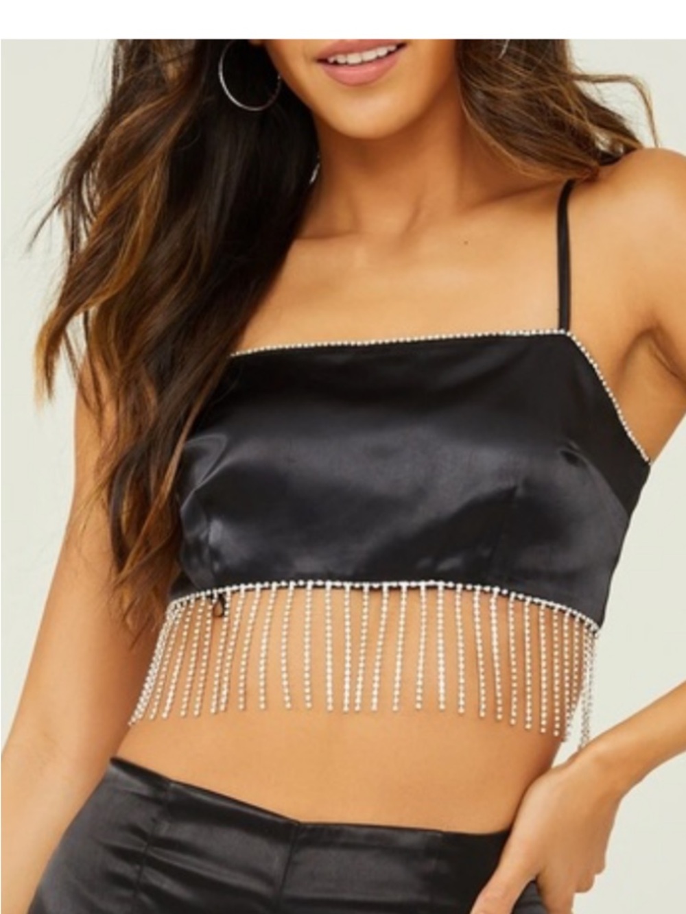 Altar’d State Black Satin Rhinestone Fringe Crop‎ Top M NWT Party